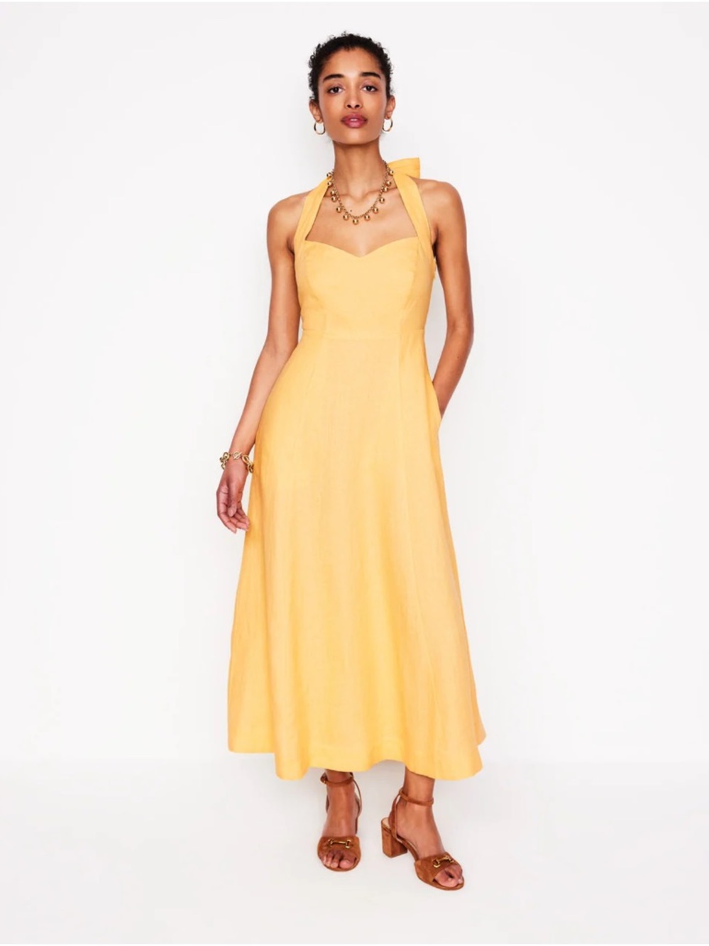Yellow Halter Linen Midi Dress